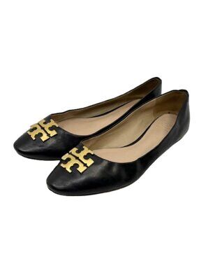 TORY BURCH~Raleigh~BLACK LEATHER BALLET FLATS SHOES GOLD LOGO Size 9M